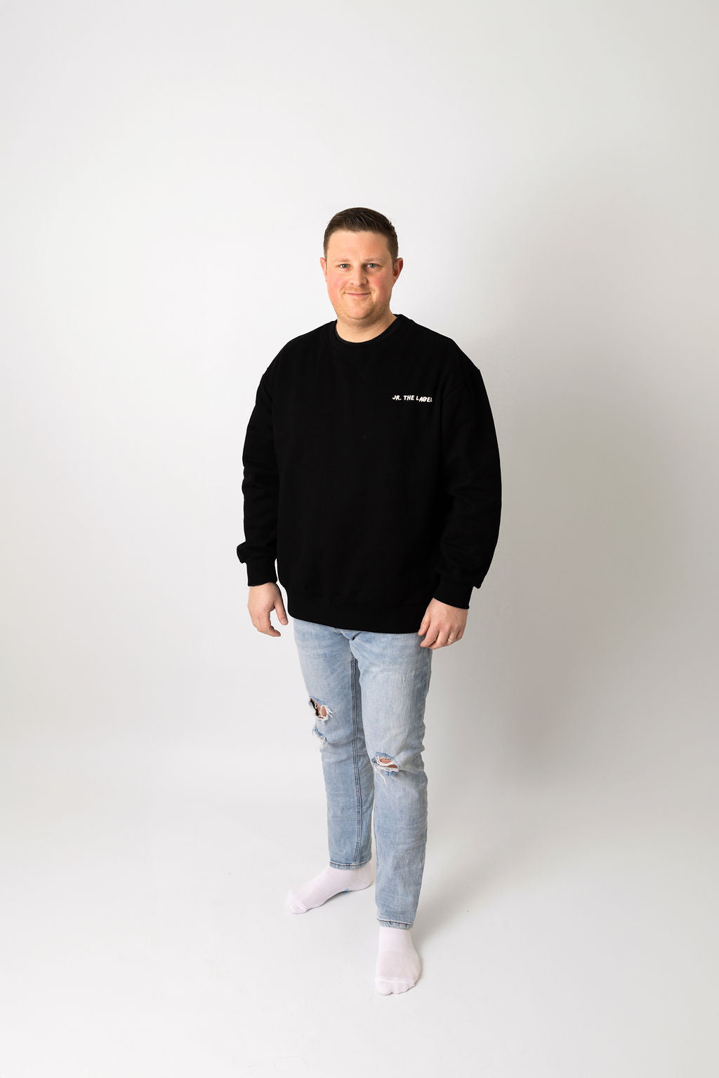 Adults Black Crew Jumper With White Puff