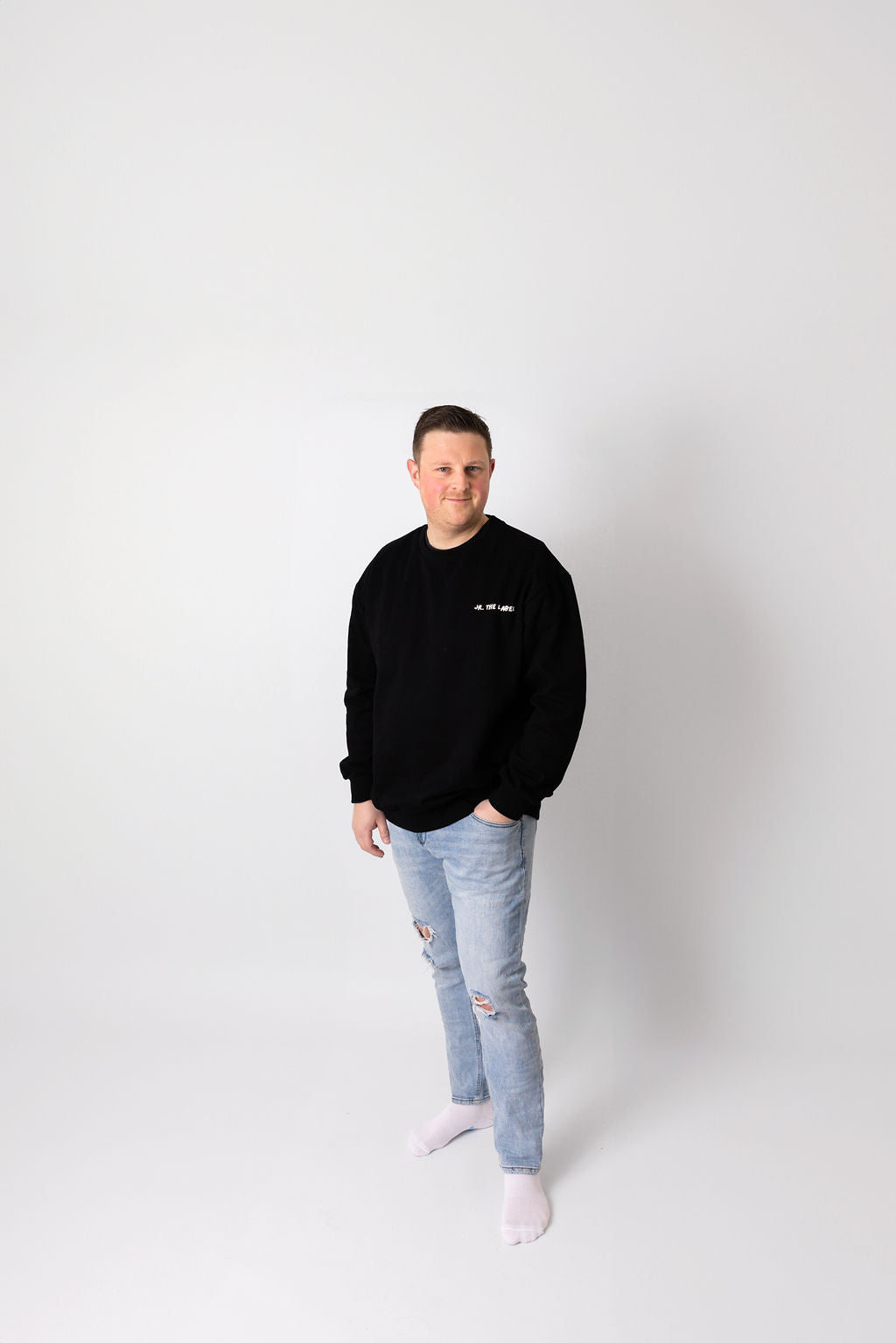 Adults Black Crew Jumper With White Puff