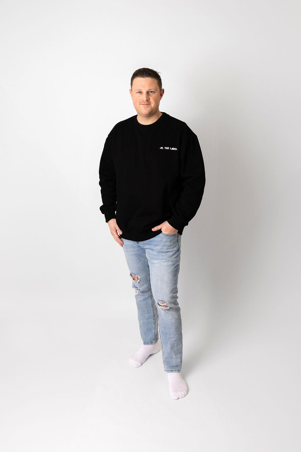 Adults Black Crew Jumper With White Puff