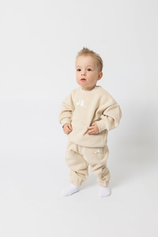 Kids Beige Crew Set With White Puff