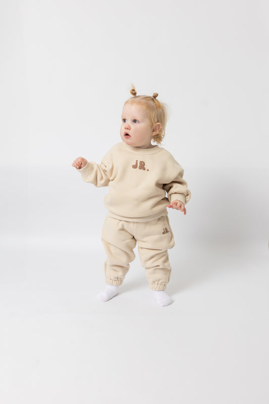 Kids Beige Crew Set With Brown Puff